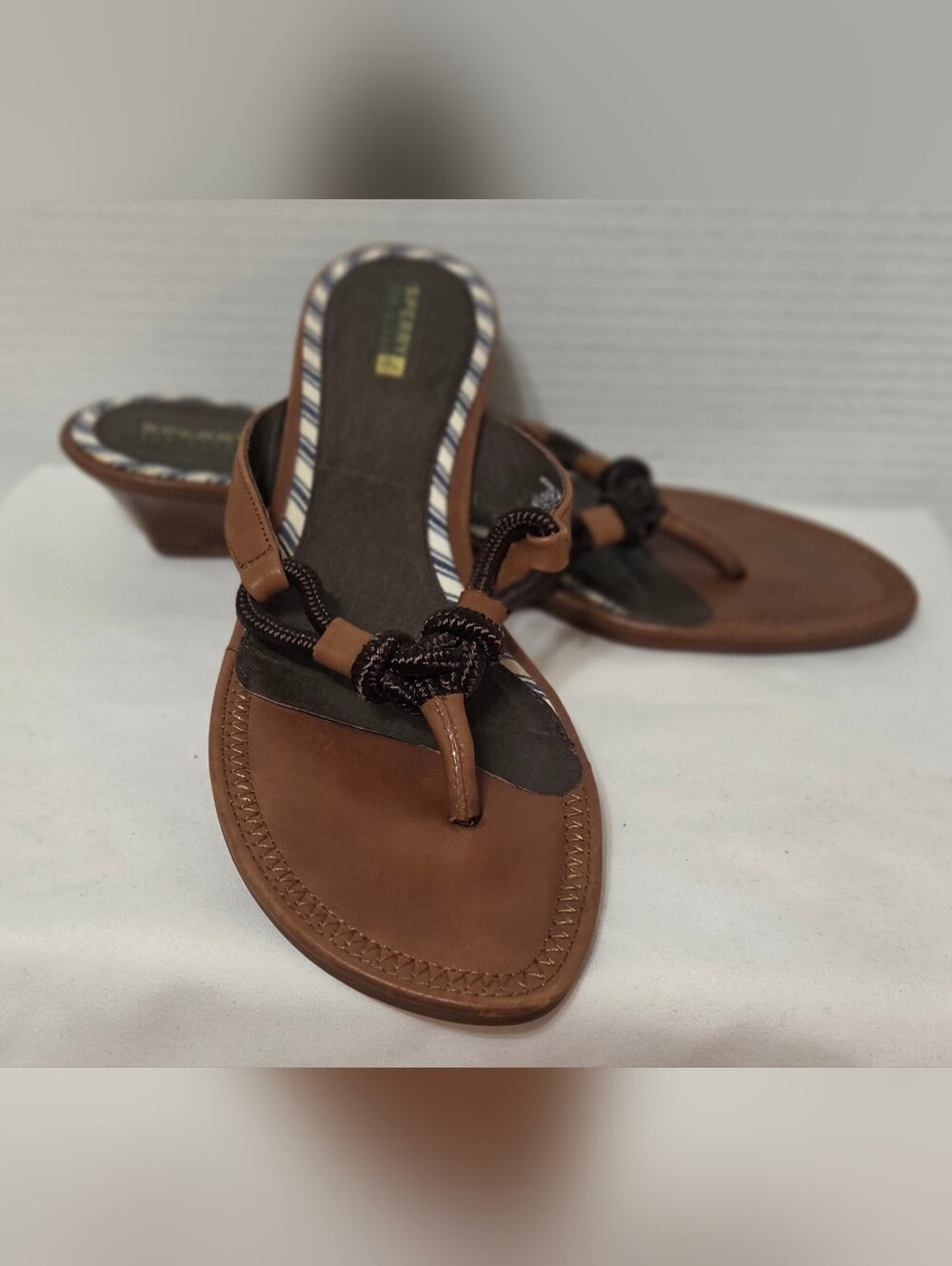 Sperry Top Sider Sandal Wedge Thong Rope Trim Brown Blue Cream Women Size 10M